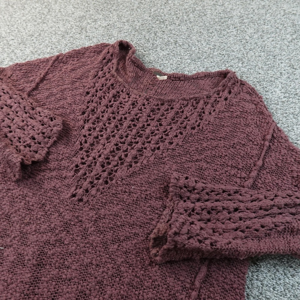 Free People Sweater Womens M Purple Open Knit Crochet Tunic Long Sleeve Boho Top